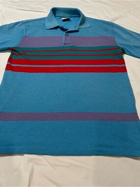 Windridge Single Stitch Men's Teal Polo Shirt with Red & Purple Stripes, USA